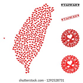Collage map of Taiwan composed with red love hearts, and rubber watermarks for dating. Vector lovely geographic abstraction of map of Taiwan with red dating symbols.