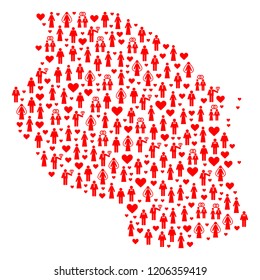 Collage map of Tanzania designed with red wedding men and women. Vector lovely geographic abstraction of map of Tanzania with red wedding symbols. Romantic flat design for relations applications.