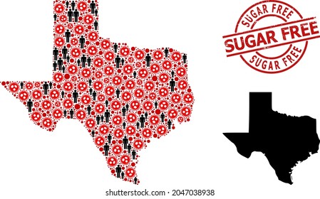 Collage Map Of Texas State United From Virus Outbreak Icons And People Items. Sugar Free Distress Seal Stamp. Black People Elements And Red Covid Virus Icons. Sugar Free Text Inside Round Seal Stamp.