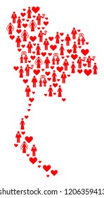 Collage map of Thailand composed with red lovely men. Vector lovely geographic abstraction of map of Thailand with red romantic symbols. Romantic flat design for bonus posters.