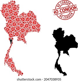 Mapa de grupos de Tailandia construido a partir de elementos cómodos e íconos de la gente. Sin marca de agua texturada con preservativo. Iconos de la multitud negra y elementos de la cúpula roja. No hay título de condón dentro de la marca de agua redonda.