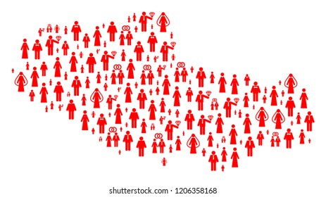 Collage map of Tibet Chinese territory designed with red marriage persons. Vector lovely geographic abstraction of map of Tibet Chinese territory with red romantic symbols.