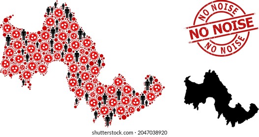 Collage map of Tilos Island designed from coronavirus icons and humans elements. No Noise distress stamp. Black person icons and red coronavirus icons. No Noise phrase is inside round seal stamp.