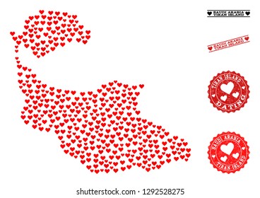 Collage map of Tiran Island designed with red love hearts, and grunge stamp seals for dating. Vector lovely geographic abstraction of map of Tiran Island with red romantic symbols.