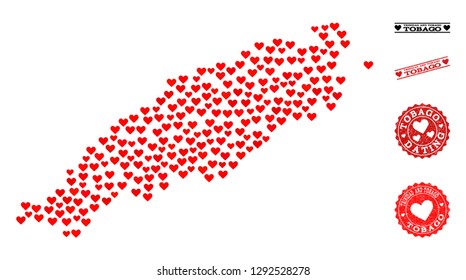 Collage map of Tobago Island composed with red love hearts, and rubber stamp seals for dating. Vector lovely geographic abstraction of map of Tobago Island with red amour symbols.