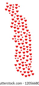 Collage map of Togo created with red love hearts. Vector lovely geographic abstraction of map of Togo with red dating symbols. Romantic design for dating purposes.