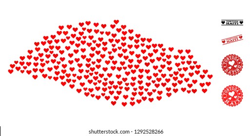 Collage map of Tortuga Island designed with red love hearts, and grunge watermarks for dating. Vector lovely geographic abstraction of map of Tortuga Island with red dating symbols.