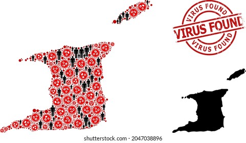 Collage map of Trinidad and Tobago composed of sars virus elements and men items. Virus Found scratched seal stamp. Black person elements and red virus outbreak elements.