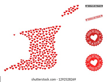Collage map of Trinidad and Tobago designed with red love hearts, and grunge watermarks for dating. Vector lovely geographic abstraction of map of Trinidad and Tobago with red romantic symbols.