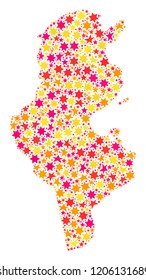 Collage map of Tunisia created with colored flat stars. Vector colored geographic abstraction of map of Tunisia with red, yellow, orange stars. Festive design for Christmas illustrations.