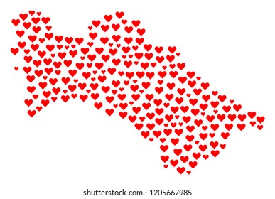 Collage map of Turkmenistan designed with red love hearts. Vector lovely geographic abstraction of map of Turkmenistan with red romantic symbols. Romantic design for relations illustrations.