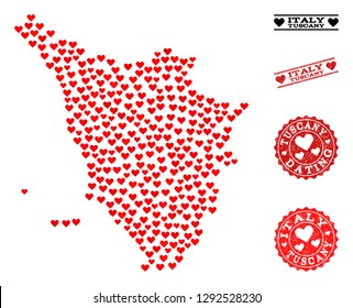 Collage map of Tuscany region created with red love hearts, and rubber watermarks for Valentines day. Vector lovely geographic abstraction of map of Tuscany region with red romantic symbols.