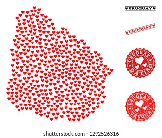 Collage map of Uruguay composed with red love hearts, and rubber stamp seals for dating. Vector lovely geographic abstraction of map of Uruguay with red valentine symbols.