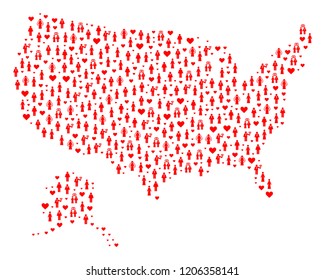 Collage map of USA and Alaska composed with red lovely persons. Vector lovely geographic abstraction of map of USA and Alaska with red romantic symbols. Romantic flat design for political projects.