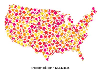 Collage map of USA composed with colored flat stars. Vector colored geographic abstraction of map of USA with red, yellow, orange stars. Festive design for Christmas illustrations.