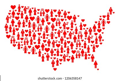 Collage map of USA designed with red lovely persons. Vector lovely geographic abstraction of map of USA with red romantic symbols. Romantic flat design for dating applications.