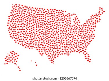 Collage map of USA territories composed with red love hearts. Vector lovely geographic abstraction of map of USA territories with red romantic symbols. Romantic design for political illustrations.