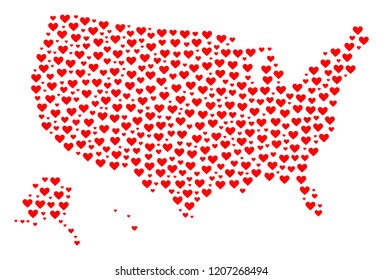 Collage map of USA territories created with red love hearts. Vector lovely geographic abstraction of map of USA territories with red romantic symbols. Romantic design for wedding posters.