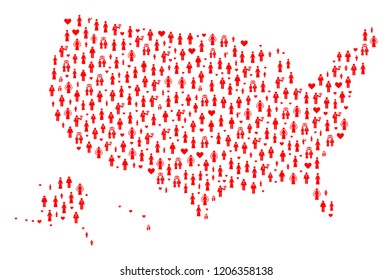 Collage map of USA territories designed with red marriage people. Vector lovely geographic abstraction of map of USA territories with red marriage symbols.