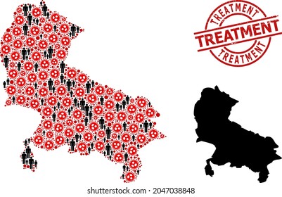 Mapa de collage del estado de Uttar Pradesh organizado a partir de elementos del virus sars y elementos masculinos. Sello de emergencia de tratamiento. Elementos de los negros y elementos rojos del virus del SARS. La frase de tratamiento dentro del sello redondo.