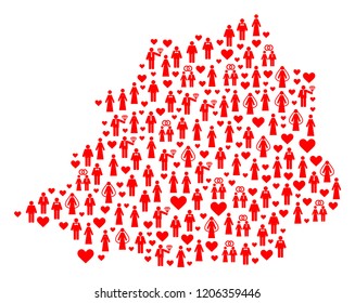Collage map of Vatican designed with red lovely men and women. Vector lovely geographic abstraction of map of Vatican with red wedding symbols. Romantic flat design for wedding projects.