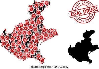 Collage map of Veneto region organized from covid icons and people elements. Legal Drugs scratched watermark. Black people elements and red flu virus elements.