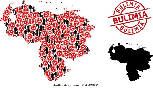 Collage map of Venezuela united from sars virus icons and humans icons. Bulimia distress seal. Black people elements and red SARS virus elements. Bulimia caption inside round seal.