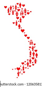 Collage map of Vietnam created with red lovely people. Vector lovely geographic abstraction of map of Vietnam with red romantic symbols. Romantic flat design for dating posters.