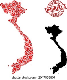 Collage map of Vietnam united from SARS virus items and humans icons. Umbrella scratched seal stamp. Black people elements and red SARS virus items. Umbrella text inside round seal stamp.