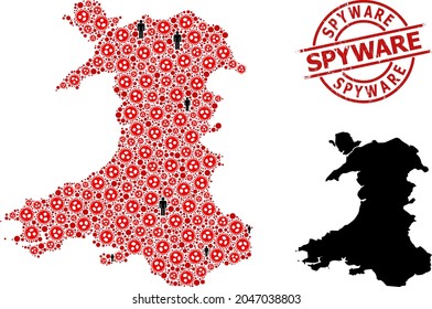 Collage map of Wales designed from covid virus elements and demographics elements. Spyware textured seal stamp. Black men elements and red virus outbreak elements. Spyware caption inside round stamp.