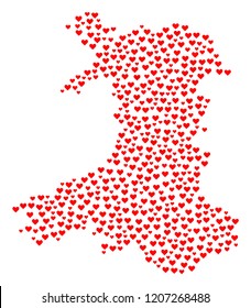 Collage map of Wales formed with red love hearts. Vector lovely geographic abstraction of map of Wales with red romantic symbols. Romantic design for bonus illustrations.