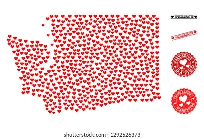 Collage map of Washington State composed with red love hearts, and grunge stamp seals for dating. Vector lovely geographic abstraction of map of Washington State with red romantic symbols.