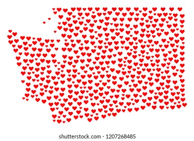 Collage map of Washington State created with red love hearts. Vector lovely geographic abstraction of map of Washington State with red romantic symbols. Romantic design for political applications.