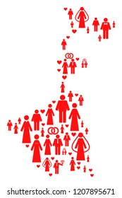 Collage map of West Bengal State designed with red lovely persons. Vector lovely geographic abstraction of map of West Bengal State with red family symbols.