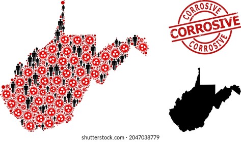 Sammelkarte des Bundesstaates West Virginia, entworfen aus Produkten von Virusausbrüchen und Populationsposten. Korrosive Grunge-Briefmarke. Black-man-Elemente und rote Grippe-Virusartikel. Korrosive Bildunterschrift in Rundstempeln.