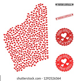 Collage map of Western Australia composed with red love hearts, and rubber watermarks for Valentines day. Vector lovely geographic abstraction of map of Western Australia with red romantic symbols.