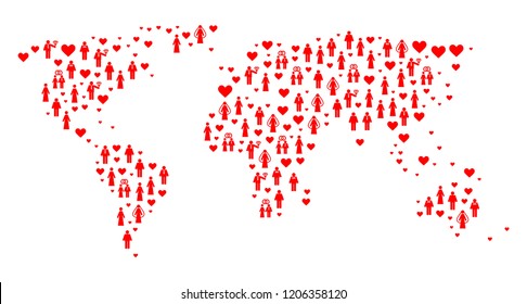 Collage map of world composed with red lovely people. Vector lovely geographic abstraction of map of world with red romantic symbols. Romantic flat design for wedding projects.