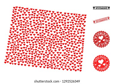 Collage map of Wyoming State created with red love hearts, and grunge stamp seals for Valentines day. Vector lovely geographic abstraction of map of Wyoming State with red wedding symbols.