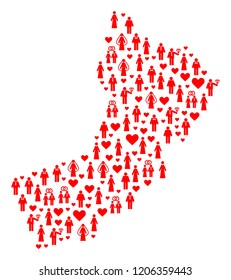Collage map of Yemen designed with red married persons. Vector lovely geographic abstraction of map of Yemen with red romantic symbols. Romantic flat design for relations projects.