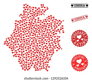 Collage map of Zhejiang Province created with red love hearts, and rubber stamp seals for Valentines day. Vector lovely geographic abstraction of map of Zhejiang Province with red romantic symbols.