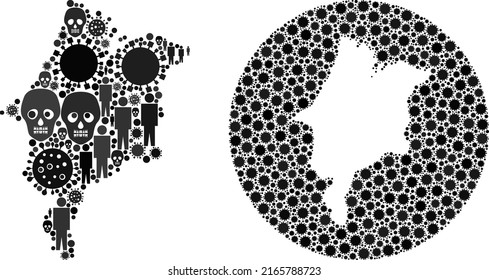 Collage Maranhao State map composed of sars virus icons and population and mortal icons. Sick virus Maranhao State map collage created with sphere and hole. Collages created for treatment projects.