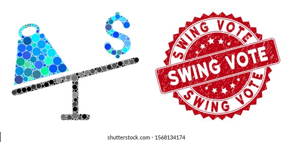 Collage market price swing and grunge stamp seal with Swing Vote phrase. Mosaic vector is created with market price swing icon and with random spheric spots. Swing Vote stamp seal uses red color,