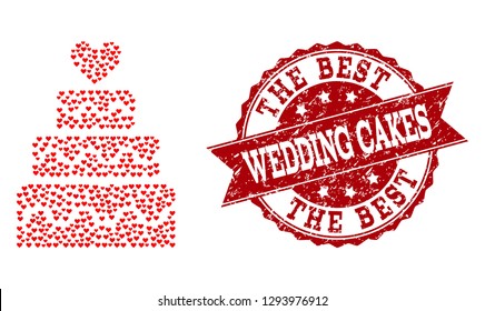 Collage marriage cake created with red valentine hearts, and isolated grunge watermark. Composition for Valentines Day. Marriage cake concept constructed with small scattered romance heart elements.