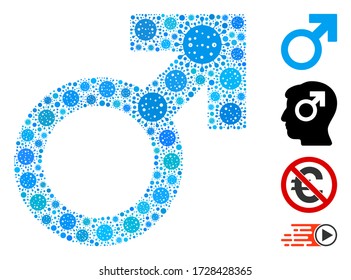 Símbolo de color Marte construido a partir de iconos de coronavirus en varios tamaños y tonos de color. Los elementos de infección vectorial se organizan en el icono de símbolo Mars de collage abstracto. Se añaden algunos iconos adicionales.