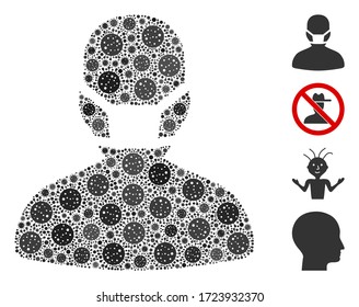 Collage masked man composed of coronavirus icons in various sizes and color hues. Vector infection icons are composed into abstract illustration masked man icon. Some bonus icons are added.