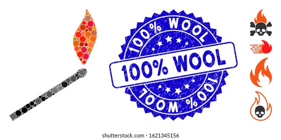 Collage match fire icon and grunge stamp seal with 100% Wool text. Mosaic vector is composed with match fire icon and with scattered round spots. 100% Wool stamp seal uses blue color,