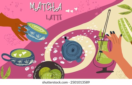 Collage matcha tea, matcha latte hand drawn vector illustration flat design.