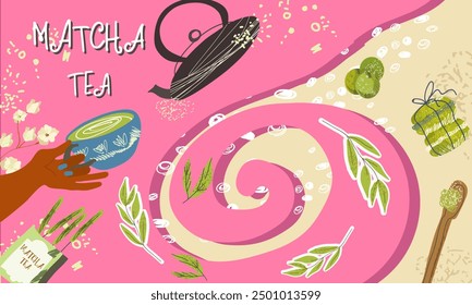 Collage matcha tea, matcha latte hand drawn vector illustration flat design.