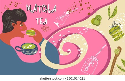 Collage matcha tea, matcha latte hand drawn vector illustration flat design.