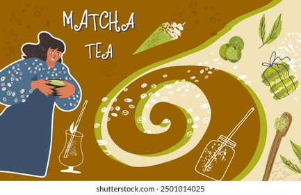 Collage matcha tea, matcha latte hand drawn vector illustration flat design.